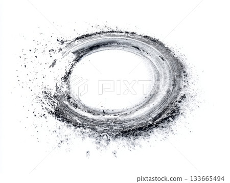 A circular mark appears on a pristine white surface, formed by a tire during a sudden skid or drift, showcasing motion and trace of tire rubber A circular mark appears on a pristine white surface, formed by a tire during a sudden skid or drift, showcasing motion and trace of tire rubber 133665494