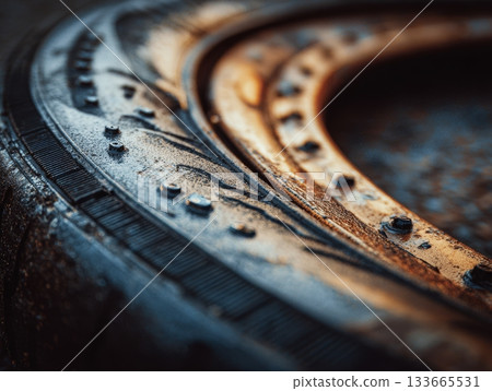 A flat tire lies on a damp surface, highlighting the intricate patterns of the rubber along with raindrops, capturing the mood of a cool evening A flat tire lies on a damp surface, highlighting the intricate patterns of the rubber along with raindrops, capturing the mood of a cool evening 133665531
