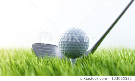 A shiny golf ball sits on a tee surrounded by fresh grass, with a club positioned nearby, ready for a swing on a sunny day A shiny golf ball sits on a tee surrounded by fresh grass, with a club positioned nearby, ready for a swing on a sunny day 133665583