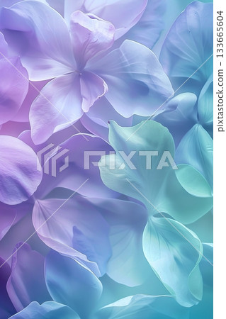 Soft petals dance together in a soothing blend of pastel blue, purple, and green. This serene background inspires peace and calm in a tranquil garden scene 133665604
