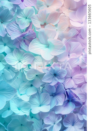 Soft pastel flowers fill the scene, merging blue, green, and purple tones. They create a peaceful backdrop, inviting tranquility and beauty into any space 133665605
