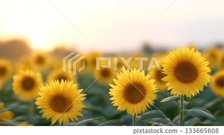 Bright sunflowers softly sway in a gentle breeze as the warm sun rises, filling the field with golden light and a tranquil atmosphere 133665608