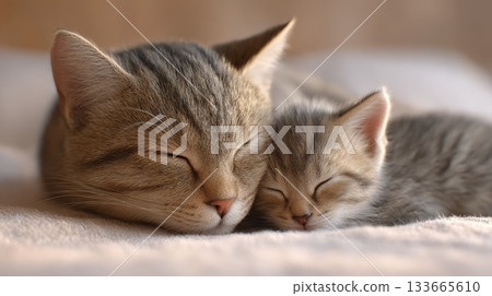 A mother cat and her playful kitten are resting side by side, basking in the warmth of the afternoon sun, enjoying a moment of quiet togetherness 133665610