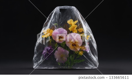 A vacuum-sealed bag contains vibrant flowers, showcasing their beauty while emphasizing a unique way to preserve freshness and elegance in a simple display A vacuum-sealed bag contains vibrant flowers, showcasing their beauty while emphasizing a unique way to preserve freshness and elegance in a simple display 133665611