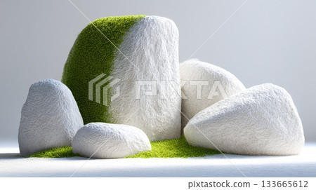 The scene features an artistic arrangement of large white stone rocks surrounded by soft green grass, illuminated by bright, even lighting, creating a serene atmosphere The scene features an artistic arrangement of large white stone rocks surrounded by soft green grass, illuminated by bright, even lighting, creating a serene atmosphere 133665612