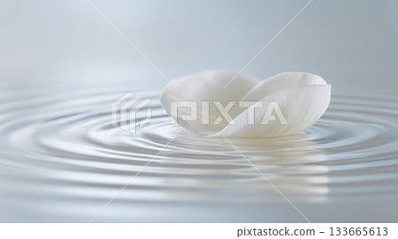A delicate white flower petal rests on the surface of still water, creating gentle ripples and evoking calmness and grace in a high-fashion context A delicate white flower petal rests on the surface of still water, creating gentle ripples and evoking calmness and grace in a high-fashion context 133665613