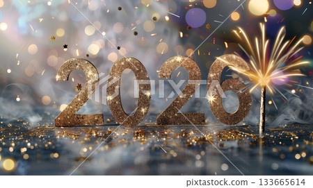 Colorful banner showcases large gold numbers 2026 with sparkling effects, setting a festive mood for New Year celebrations. Bright lights add joy to the scene Colorful banner showcases large gold numbers 2026 with sparkling effects, setting a festive mood for New Year celebrations. Bright lights add joy to the scene 133665614