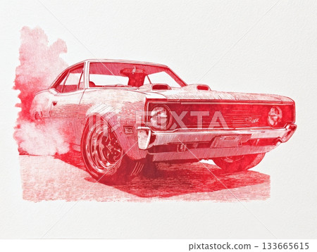 A striking stamp displays a vintage American muscle car in action, emitting smoke from the tires, highlighting its power and iconic design A striking stamp displays a vintage American muscle car in action, emitting smoke from the tires, highlighting its power and iconic design 133665615