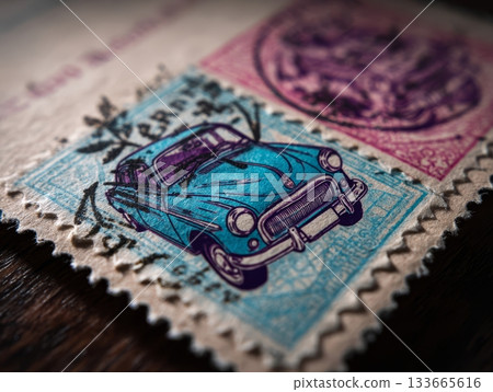 A close-up view of a vintage stamp displaying a classic blue car, highlighting unique designs and colors against a textured background of postal markings A close-up view of a vintage stamp displaying a classic blue car, highlighting unique designs and colors against a textured background of postal markings 133665616