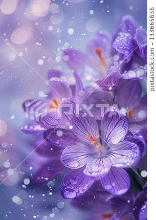 Delicate purple crocuses open wide, adorned with droplets from a light spring rain. Soft colors blend as nature awakens beneath a serene atmosphere 133665638