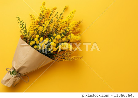 A bouquet of vibrant mimosa flowers is elegantly wrapped in craft paper, showcasing their bright yellow beauty against a cheerful yellow backdrop 133665643