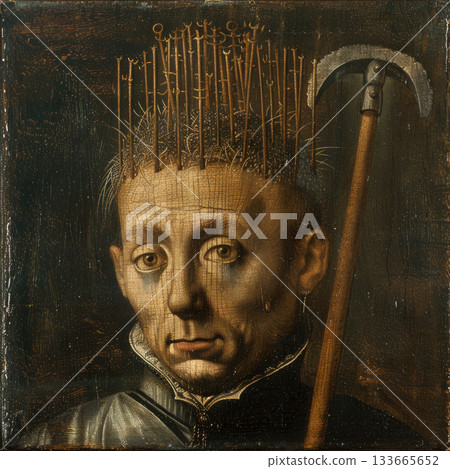 A man with a rake protruding from his head looks contemplative in a dimly lit space, holding a wooden pole next to him while showing a serious demeanor 133665652