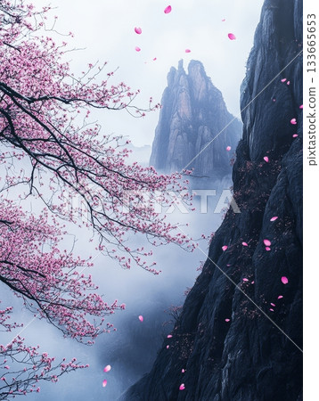 Delicate cherry blossoms adorn the scene as petals drift gently through the air, showcasing a breathtaking landscape of mountains and mist Delicate cherry blossoms adorn the scene as petals drift gently through the air, showcasing a breathtaking landscape of mountains and mist 133665653