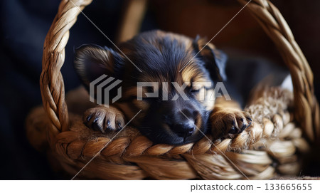 A newborn German Shepherd puppy is peacefully sleeping in a woven basket, nestled among soft textures in a cozy indoor environment 133665655