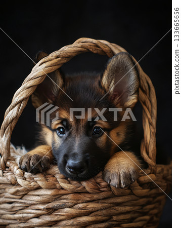 A close-up of a newborn German Shepherd puppy resting comfortably in a woven basket, exhibiting a calm demeanor and expressive eyes 133665656