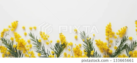 A colorful arrangement of delicate yellow mimosa flowers intertwined with fresh green leaves offers a lively border perfect for creative design ideas and crafts 133665661