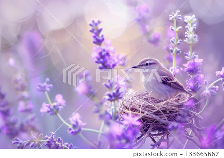 A small bird rests gently in its nest surrounded by blooming purple flowers under soft sunlight, creating a serene and beautiful scene of nature A small bird rests gently in its nest surrounded by blooming purple flowers under soft sunlight, creating a serene and beautiful scene of nature 133665667
