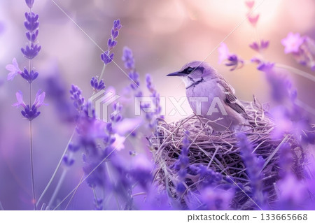 A charming bird rests in its nest surrounded by stunning purple flowers, bathed in the warm, gentle light of sunset, showcasing nature's beauty and harmony A charming bird rests in its nest surrounded by stunning purple flowers, bathed in the warm, gentle light of sunset, showcasing nature's beauty and harmony 133665668