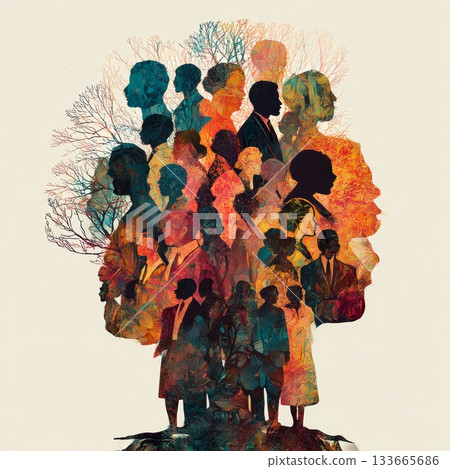 Bright, detailed family tree design displays diverse silhouettes of people, symbolizing family connections across multiple generations and relationships Bright, detailed family tree design displays diverse silhouettes of people, symbolizing family connections across multiple generations and relationships 133665686