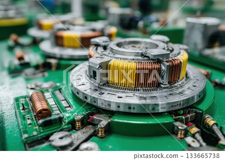 Close-up of a vibrant green circuit board adorned with copper and yellow coils, showcasing intricate design and components of electrical engineering 133665738
