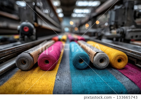 A textile mill's colorful spools of thread, including pink, blue, and yellow, await use by industrial weaving machinery in this abstract, creative, manufacturing setting A textile mill's colorful spools of thread, including pink, blue, and yellow, await use by industrial weaving machinery in this abstract, creative, manufacturing setting 133665743