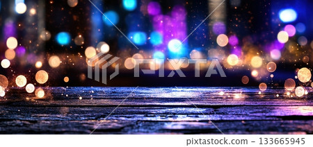 Dark wooden table with bokeh lights background. Horizontal banner with copy space for text, poster, free space 133665945