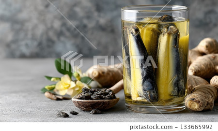 Pickled sardines and ginger in glass. Peculiar visual of snack with fish, ginger, flower, and bowl of seeds 133665992