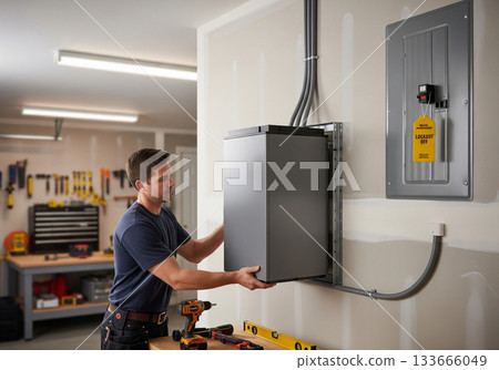 Handyman installing grey cabinet in garage, using lockout tag. Home improvement project emphasizing organization and energy solutions 133666049