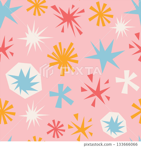 Pastel pink seamless pattern with irregular stars and simple geometric shapes in soft collage cartoon style. Pastel pink seamless pattern with irregular stars and simple geometric shapes in soft collage cartoon style. 133666066
