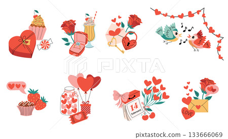 Colorful compositions with Happy Valentines Day elements such as rose, songbird, gift box with heart balloon, milkshake. 133666069