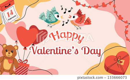 Festive Valentines Day card with organic shapes, holiday text, loving songbirds, teddy bear. Festive Valentines Day card with organic shapes, holiday text, loving songbirds, teddy bear. 133666073