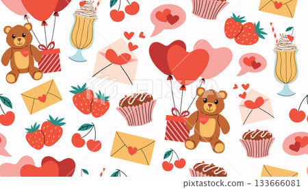 Colorful seamless pattern with Happy Valentines Day elements such as milkshake, teddy bear, gift box with heart balloons. 133666081