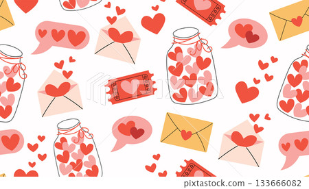 Colorful seamless pattern with cute Valentine elements like heart jar, heart speech bubble, heart ticket and love letter. Colorful seamless pattern with cute Valentine elements like heart jar, heart speech bubble, heart ticket and love letter. 133666082