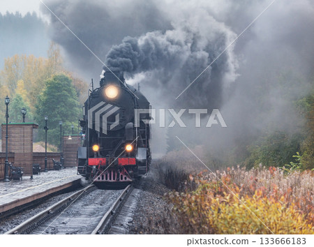 Steam retro train approaches to the platform. 133666183