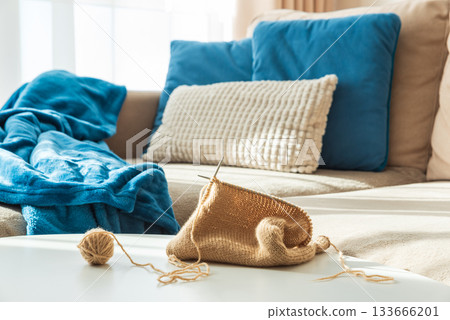 Knitting Setup with Yarn Basket and Cozy Couch in Sunlight Knitting Setup with Yarn Basket and Cozy Couch in Sunlight 133666201