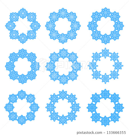 Set of cute snowflakes arranged in a circular frame. Winter holiday design, Christmas decoration, snowflake wreath, isolated on white background, perfect for greeting cards and prints 133666355