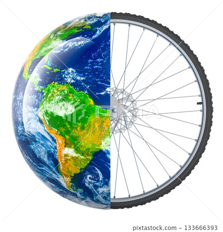 Ecological transport concept. Earth half sphere combined with bicycle wheel. 3D rendering 133666393