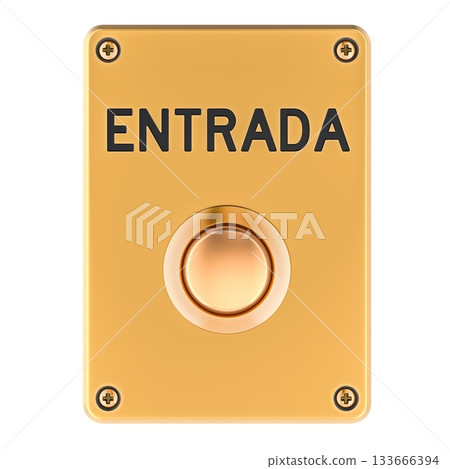 Entrada button on golden metal panel. 3D rendering Entrada button on golden metal panel. 3D rendering 133666394
