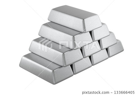 Stack of metallic ingots, silver color. 3D rendering 133666405