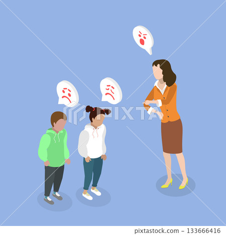 3D Isometric Flat Vector Illustration of Child Scolding, Mother Harshly Reprimands Scared Children 3D Isometric Flat Vector Illustration of Child Scolding, Mother Harshly Reprimands Scared Children 133666416