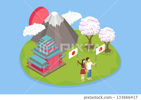 3D Isometric Flat Vector Illustration of National Japanese Day, Celebration With Friends Holding Flag And Mount Fuji In Background 3D Isometric Flat Vector Illustration of National Japanese Day, Celebration With Friends Holding Flag And Mount Fuji In Background 133666417