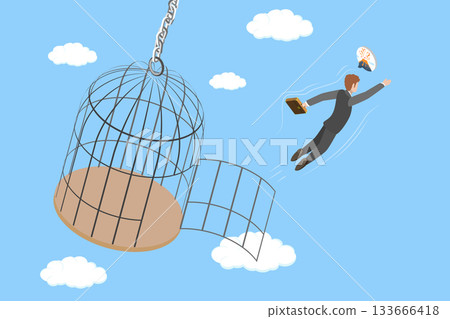 3D Isometric Flat Vector Illustration of Out Of Comfort Zone, Businessman Successfully Escapes From Trap By Jumping Over It. 3D Isometric Flat Vector Illustration of Out Of Comfort Zone, Businessman Successfully Escapes From Trap By Jumping Over It. 133666418