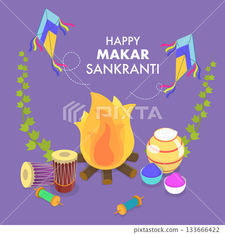 3D Isometric Flat Vector Illustration of Makar Sankranti, Festival is Dedicated to the Solar Deity 3D Isometric Flat Vector Illustration of Makar Sankranti, Festival is Dedicated to the Solar Deity 133666422