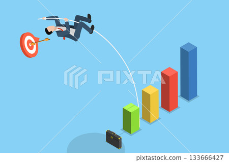 3D Isometric Flat Vector Illustration of Financial Success, Businessman Pole Vaulting Over A Growing Bar Graph In A Business Setting. 133666427