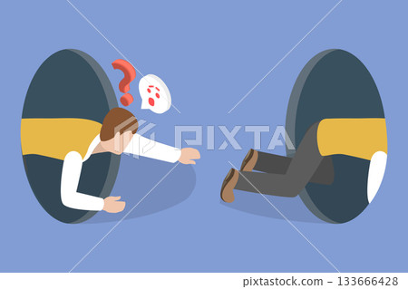 3D Isometric Flat Vector Illustration of Self-Observation, Man Kneels And Sees Himself Reflected In A Hole 3D Isometric Flat Vector Illustration of Self-Observation, Man Kneels And Sees Himself Reflected In A Hole 133666428