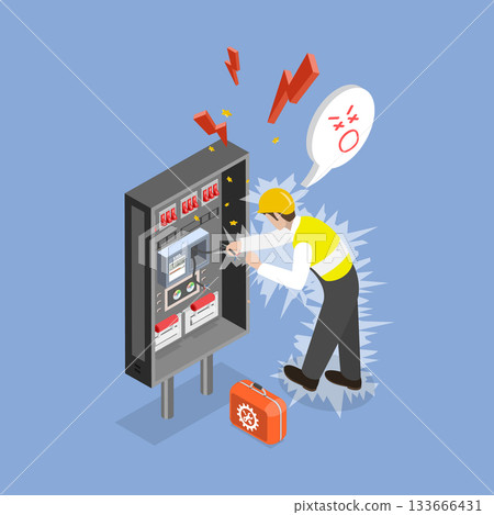 3D Isometric Flat Vector Illustration of Electrical Accident, Industrial Safety On Electric Shock 3D Isometric Flat Vector Illustration of Electrical Accident, Industrial Safety On Electric Shock 133666431