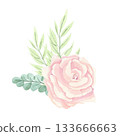 A composition of delicate peach roses, fresh foliage of various types, and individual elements for creating unique compositions. The illustrations are done in watercolor. 133666663
