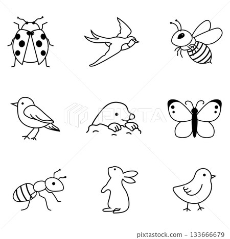 一組描繪春季動物和昆蟲的簡單線條畫插圖 一組描繪春季動物和昆蟲的簡單線條畫插圖 133666679