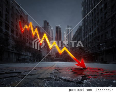 Dark city and crashing graph symbolizing volatile market Dark city and crashing graph symbolizing volatile market 133666697