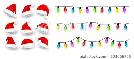 Christmas glowing lights. Festival garlands with colorful bulbs. Greeting card design element. New Year, winter holidays 133666766